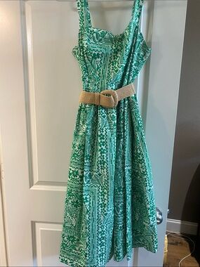 Green and White Printed Sundress with Woven Belt